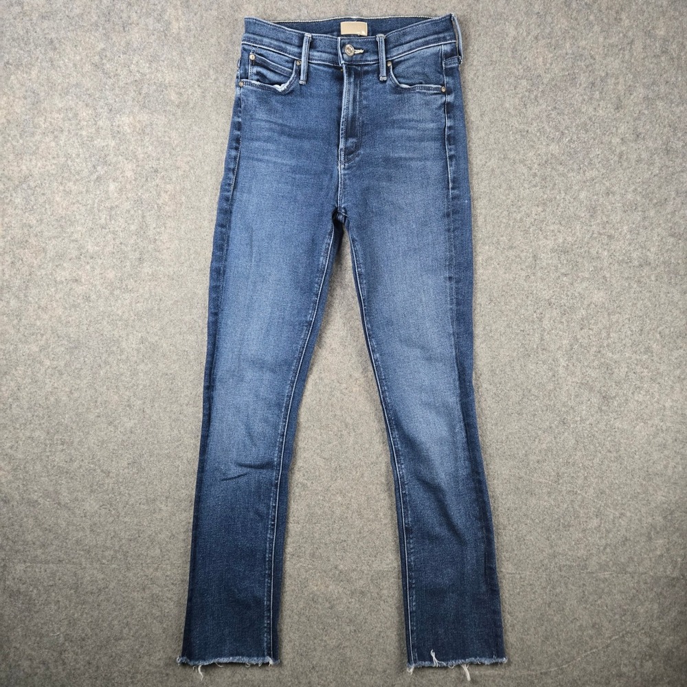 Mother Mid Rise Dazzler Ankle Fray Jeans Womens 25 Blue Mid Rise Straight Leg